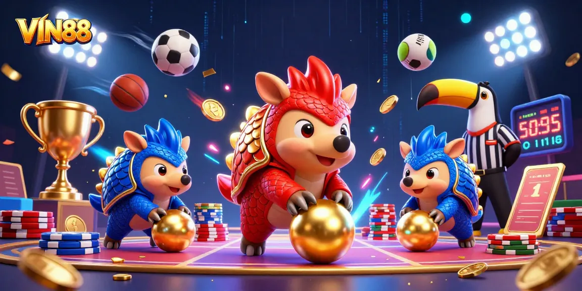Experience excitement at VIN88 with rival pangolins battling amidst golden chips and sports elements.