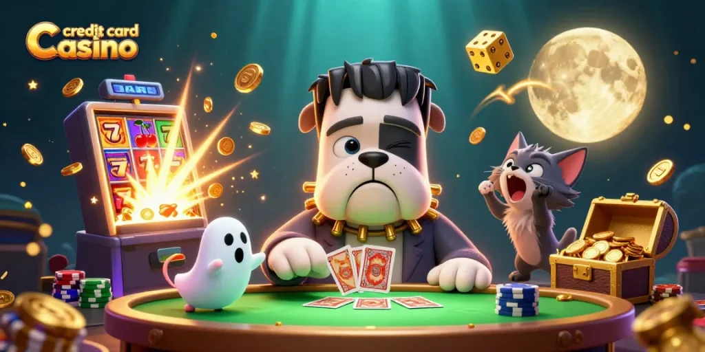 Engaging scene of a credit card casino with a cartoon bulldog dealer, ghost mouse and werewolf kitten creating a thrilling atmosphere.