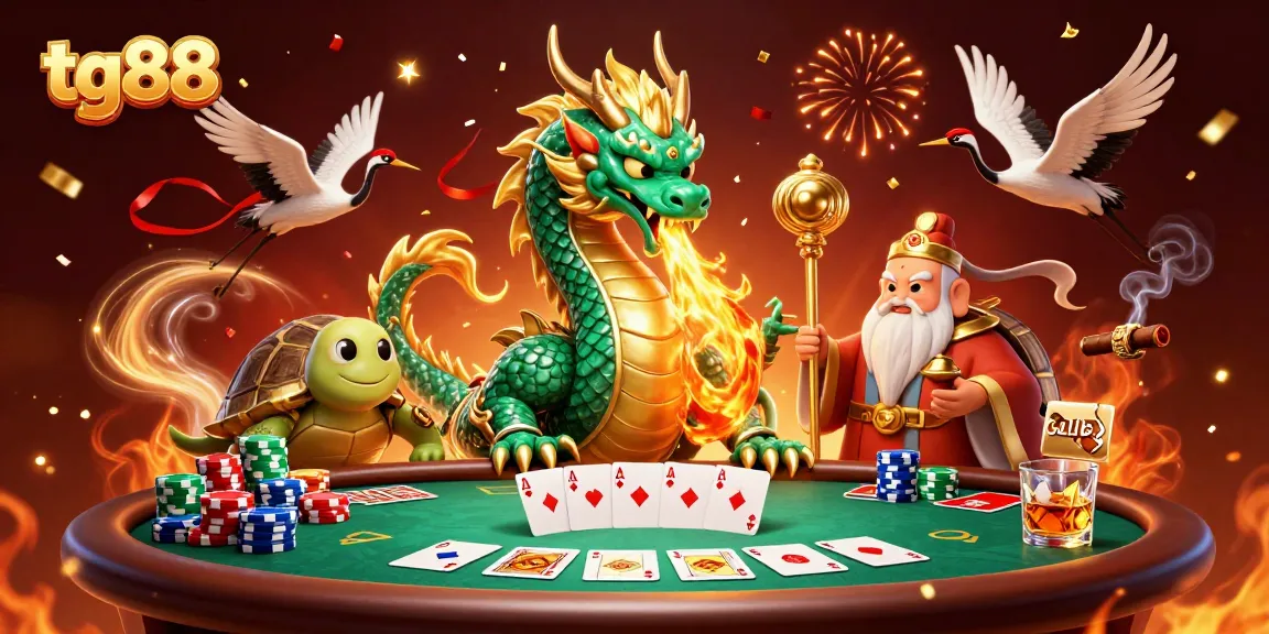Experience tg88's thrilling action with a colorful 3D casino scene filled with dragons, poker elements, and vibrant energy.