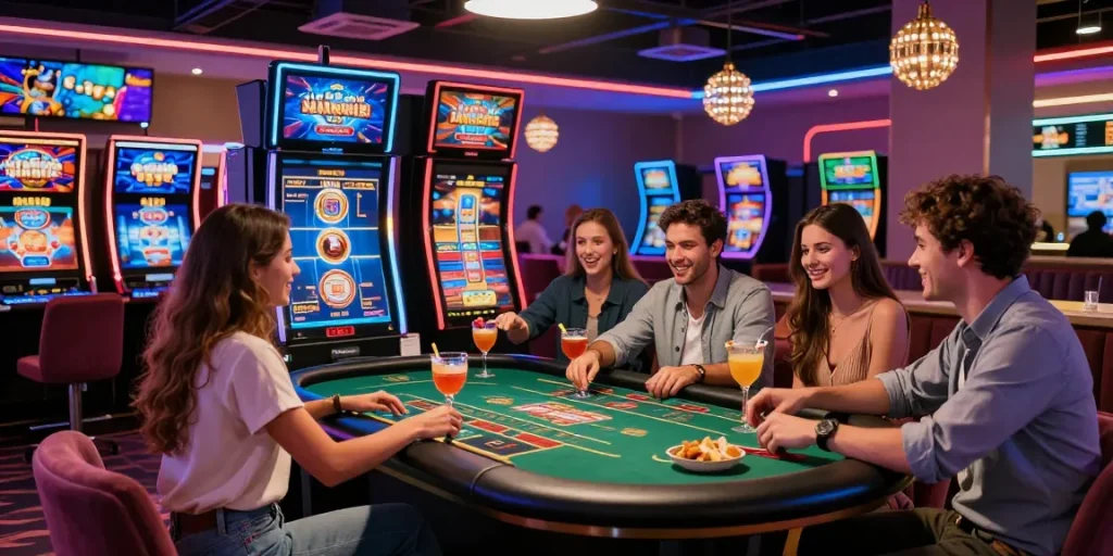 Engaging online casino experience at https://dsam.org.uk with friends enjoying table games and video slots.