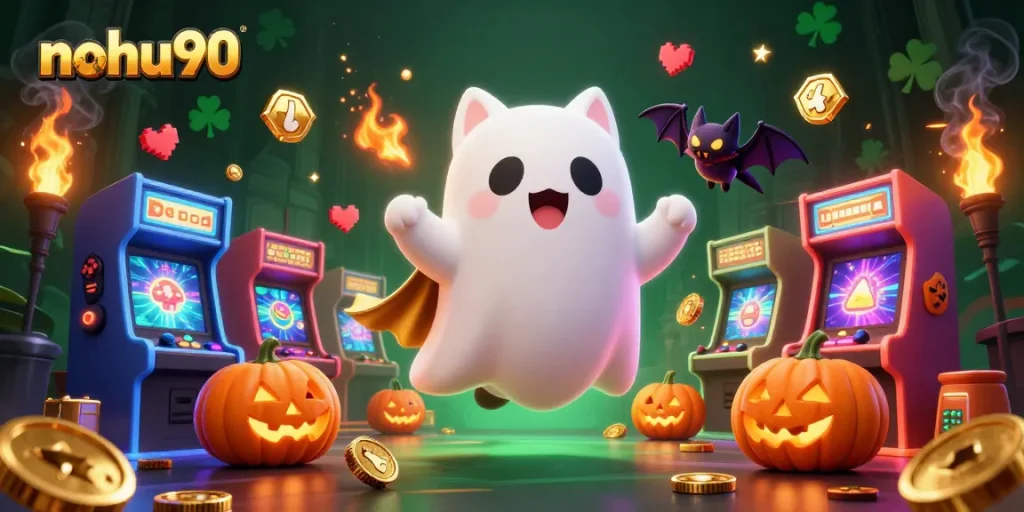 Experience the thrilling atmosphere of nohu90 with a ghost cat and vampire bat in a vibrant casino.