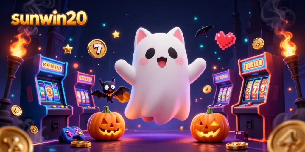 Experience thrilling gameplay with sunwin20 in a haunted casino scene featuring a friendly ghost cat.