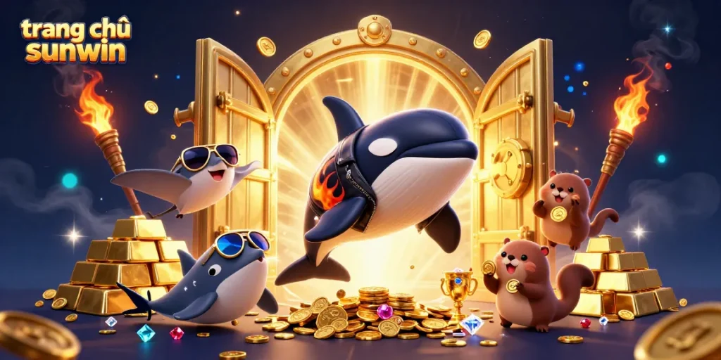 Experience the vibrant world of trang chủ sunwin with 3D animated characters enjoying their gaming adventure, surrounded by treasures.