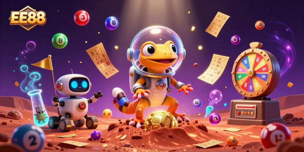 Experience the excitement of EE88 casino with a 3D Martian gecko uncovering treasures.