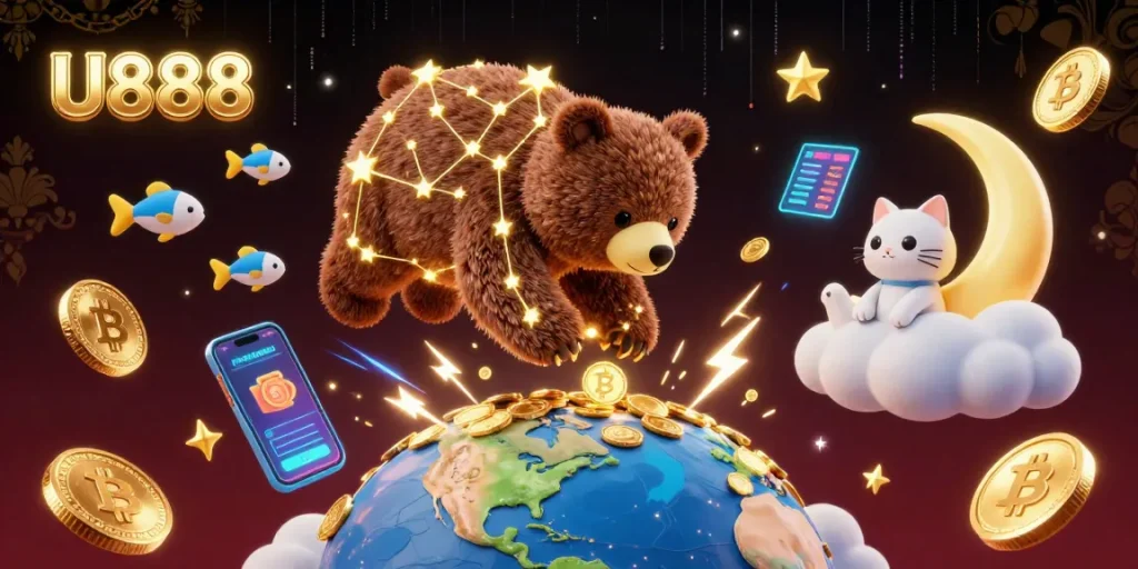Experience the thrill of U888 with vibrant gaming elements in a cosmic-themed 3D illustration.