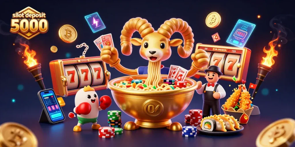 Spin and win at slot deposit 5000 with an exciting 3D casino illustration showcasing vibrant characters and game elements.
