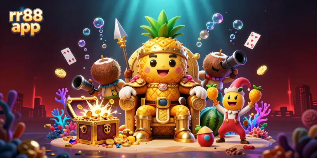Engage with the rr88 app to discover immersive gaming experiences featuring a golden pineapple king in a vibrant casino setting.