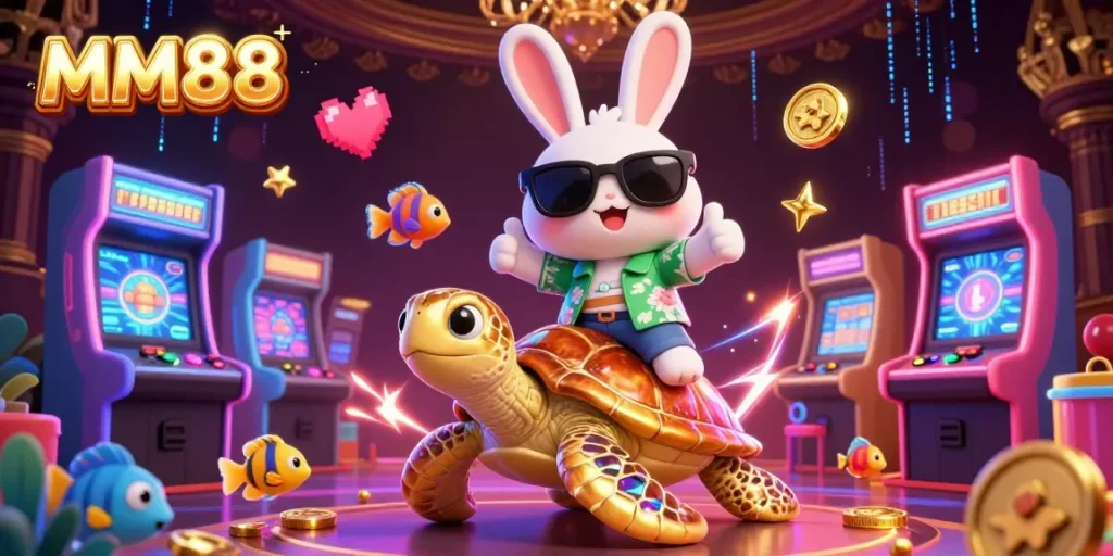 Engage with MM88's vibrant world of gaming, featuring a lucky rabbit and a golden turtle in a lively casino scene.